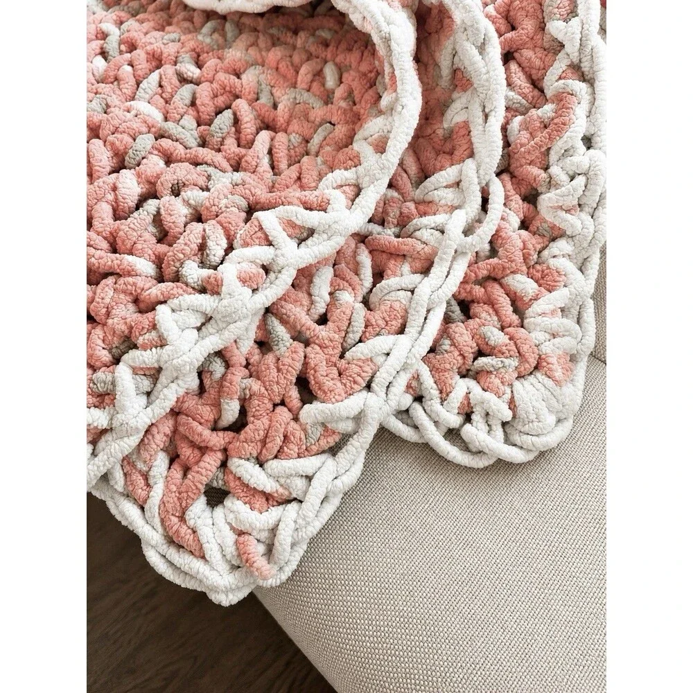 Handmade Baby Blanket Pink White Chunky Knit Chenille Throw Plush Crochet 32x32